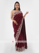 Cut Work Border Silk Saree In Wine Color